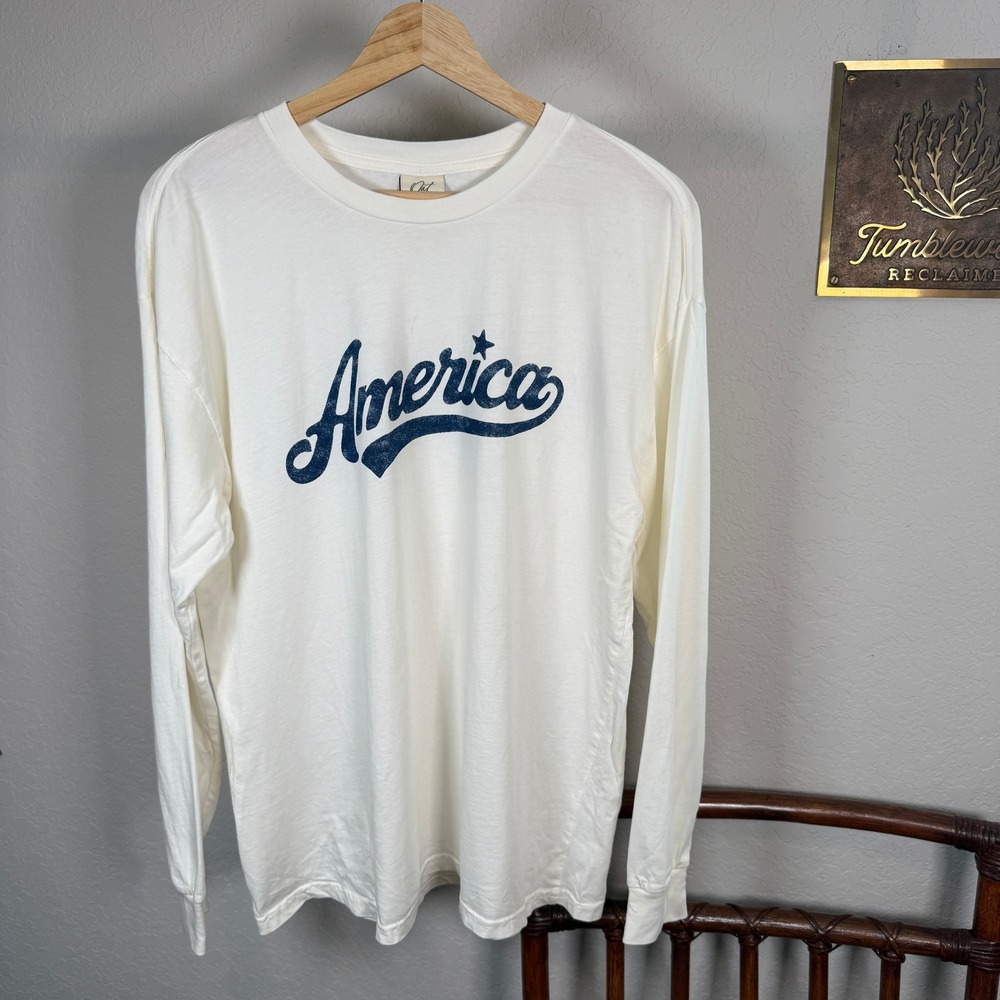 Oat Collective Womens America Graphic Long Sleeve Tee Cream Navy Blue Size M - Picture 4 of 9